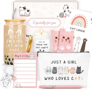 Cat Mom Gifts for Women Unique Cat Themed Gift for Cats Lovers Gifts for Women Funny Cats Accessories for Woman - Kitty Paw Socks Keychain Pen Candle Cup Sticky Notes Makeup Bag Card