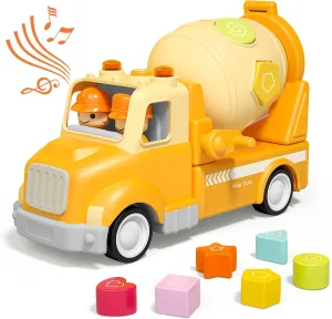 Cement Mixer Truck Construction Car Toys For Kids, Construction Car with Sound and Light, Shape Sorter Learning & Education Preschool Vehicle for 18M  2 3 4 5 Years Old Boy Christmas Birthday Gift