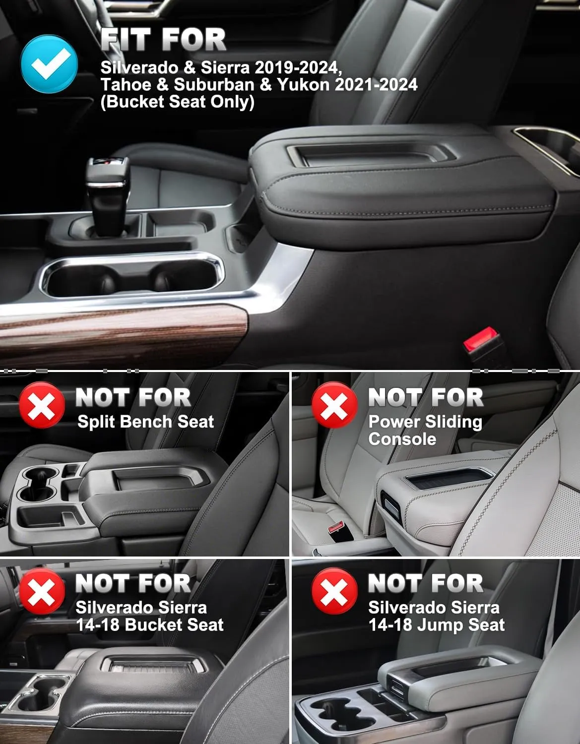 Center Console Cover for Chevy Silverado & GMC Sierra 1500 Accessories 2019-2025, Tahoe & Suburban & Yukon 2021-2025, Vinyl Car Armrest Protector, Floor Console Bucket Seat Only, Anti-Scratch, Black