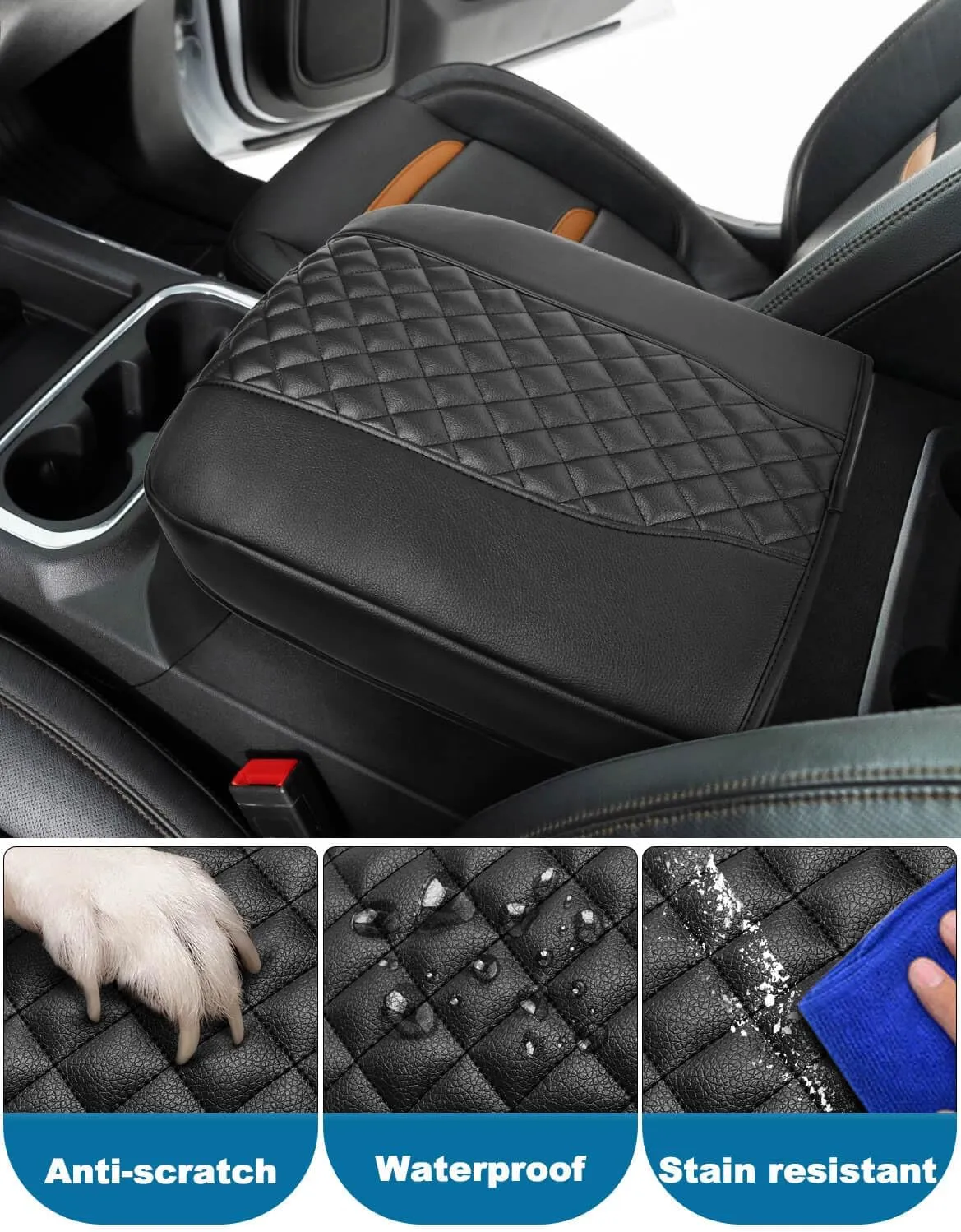 Center Console Cover for Chevy Silverado & GMC Sierra 1500 Accessories 2019-2025, Tahoe & Suburban & Yukon 2021-2025, Vinyl Car Armrest Protector, Floor Console Bucket Seat Only, Anti-Scratch, Black