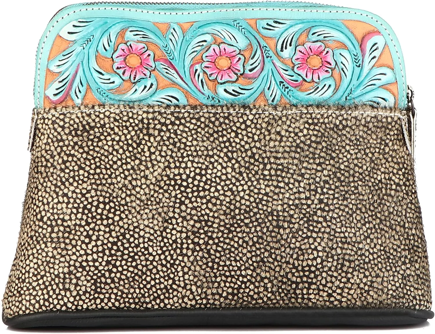 CHALLENGER Women Printed Hair-on Floral Tooled Leather Zippered Makeup Cosmetic Bag 18BT37