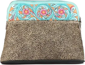 CHALLENGER Women Printed Hair-on Floral Tooled Leather Zippered Makeup Cosmetic Bag 18BT37