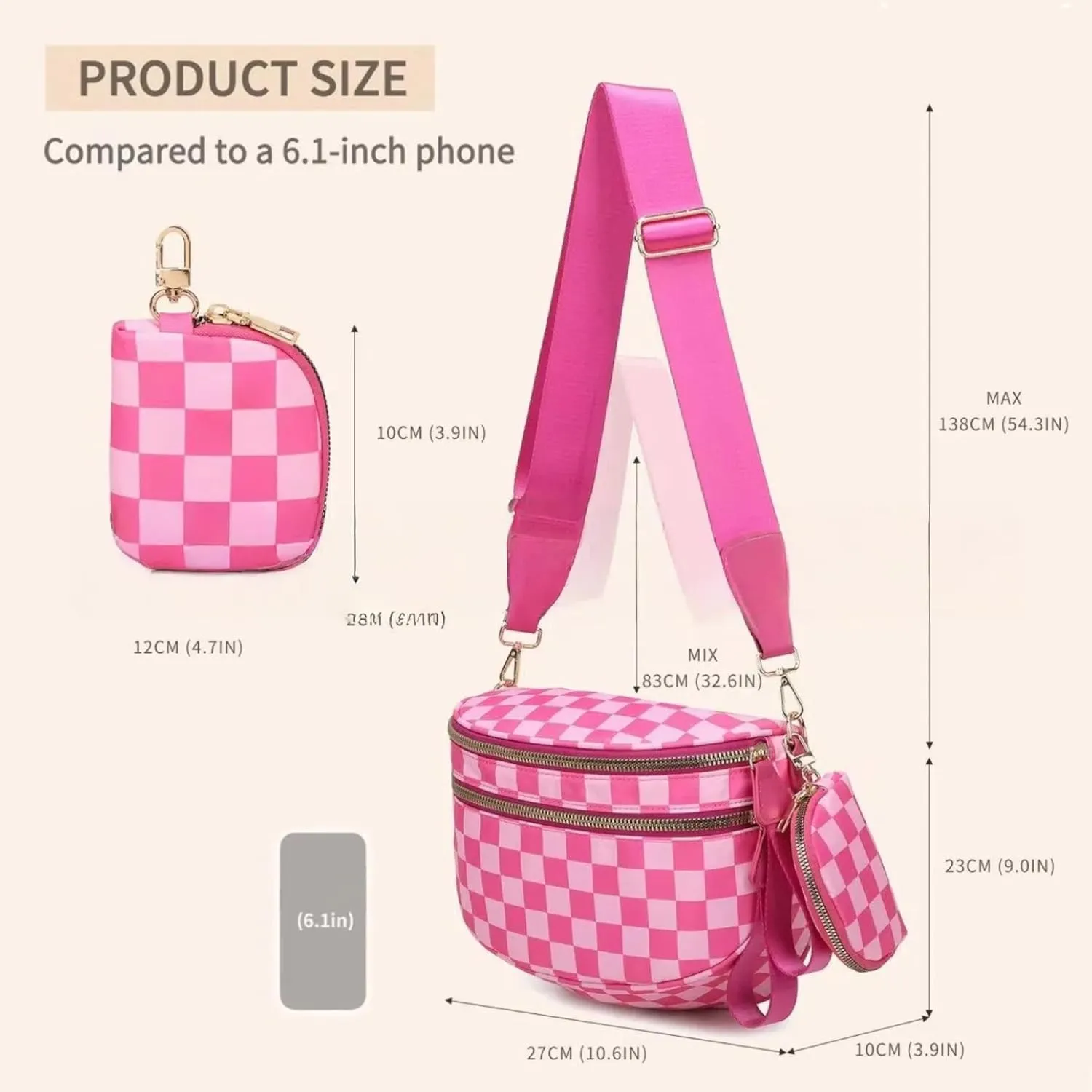 Checkered Crossbody Bag for Women - Nylon Sling Bags with Shoulder Strap, Wallets Purse Handbags
