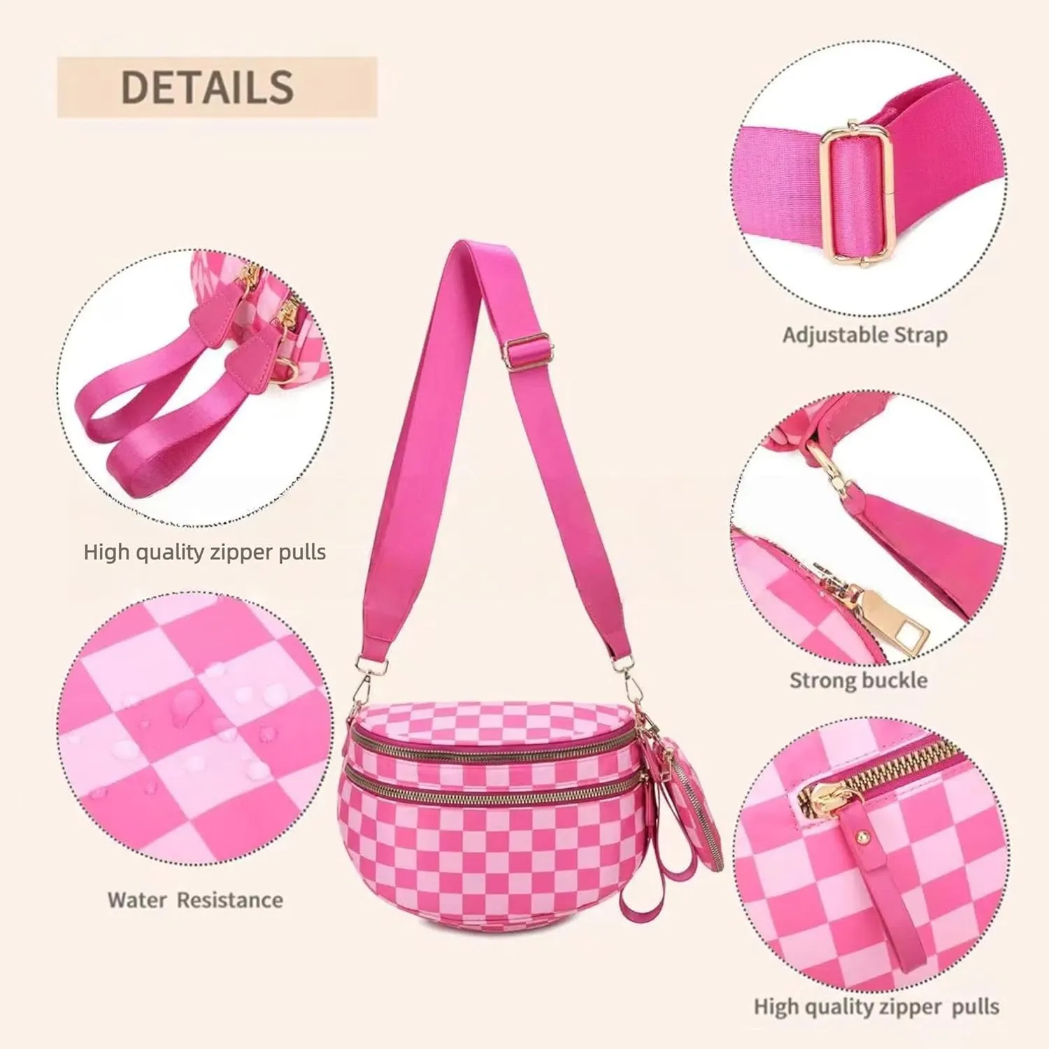 Checkered Crossbody Bag for Women - Nylon Sling Bags with Shoulder Strap, Wallets Purse Handbags