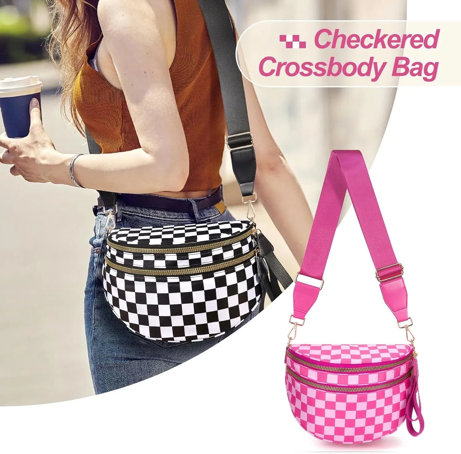 Checkered Crossbody Bag for Women - Nylon Sling Bags with Shoulder Strap, Wallets Purse Handbags