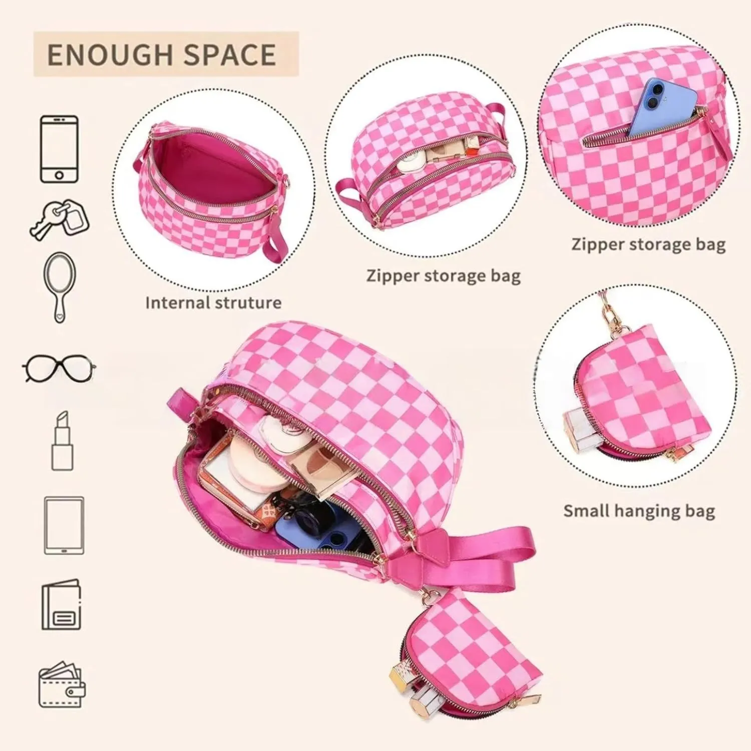 Checkered Crossbody Bag for Women - Nylon Sling Bags with Shoulder Strap, Wallets Purse Handbags