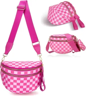 Checkered Crossbody Bag for Women - Nylon Sling Bags with Shoulder Strap, Wallets Purse Handbags