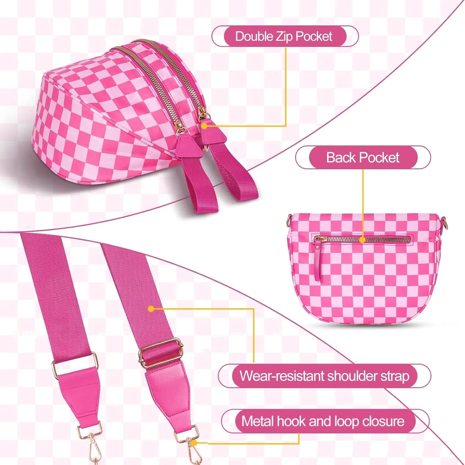 Checkered Crossbody Bag for Women - Nylon Sling Bags with Shoulder Strap, Wallets Purse Handbags