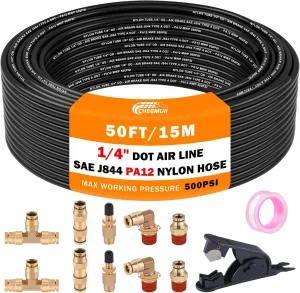 CheeMuii 50FT 1/4 DOT Air Line with 10 Pcs Brass Fittings Kit for Air Bags Suspension