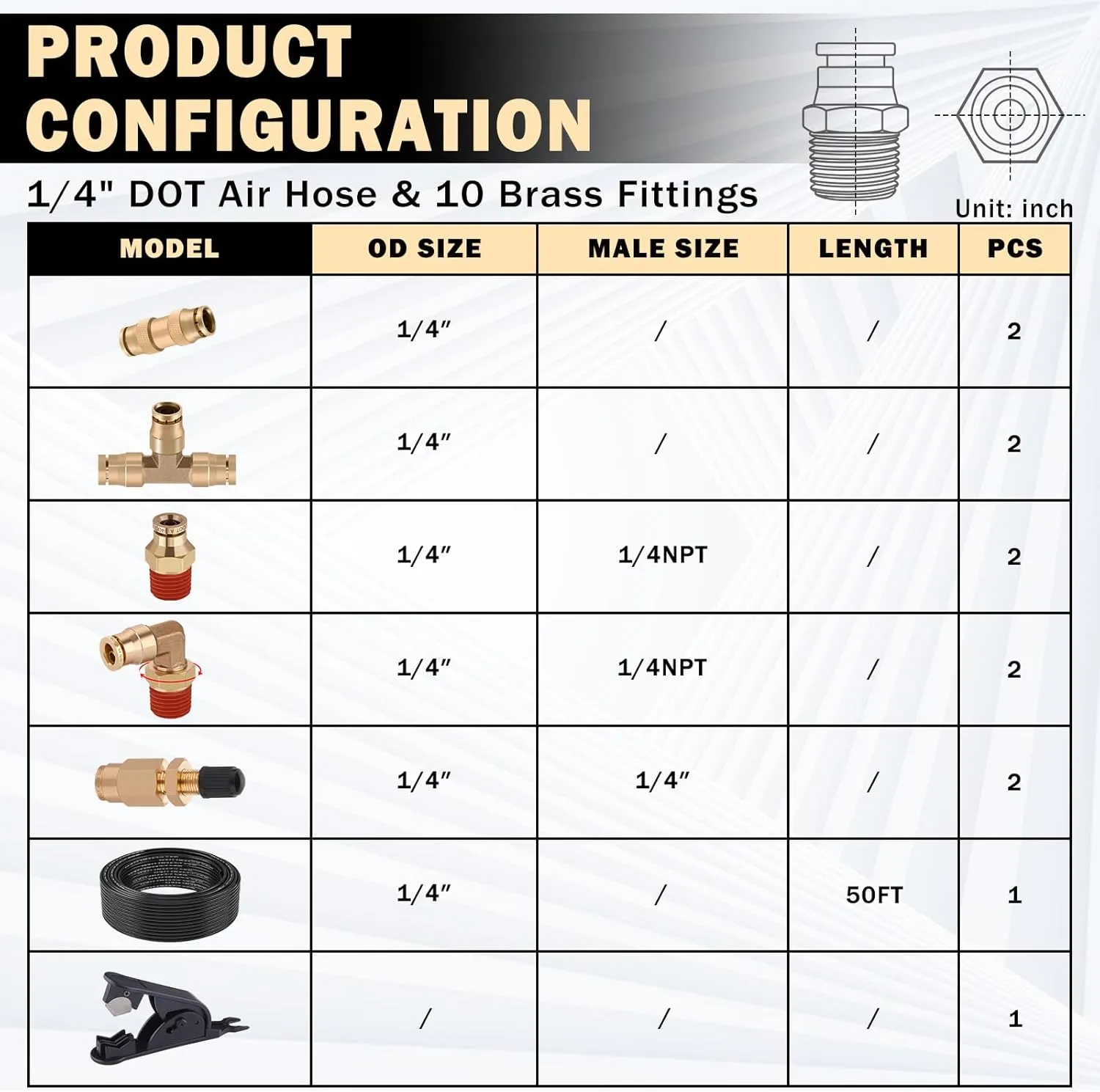 CheeMuii 50FT 1/4 DOT Air Line with 10 Pcs Brass Fittings Kit for Air Bags Suspension