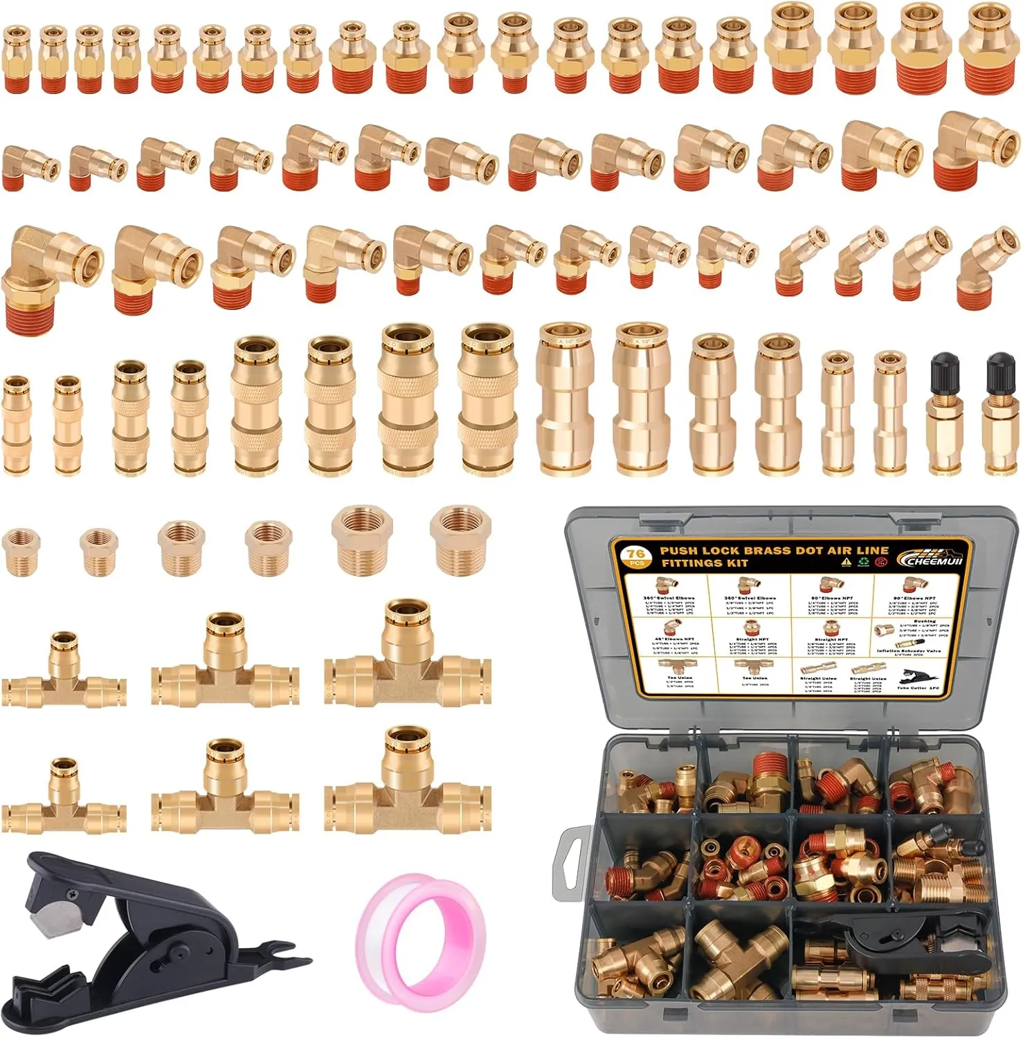 CheeMuii 76 Pcs Brass DOT Air Line Fittings Kit Push Lock Air Fittings Push to Connect Fittings NPT Thread & Quick Connect Air Hose Fittings for DOT Air Line Air Hose Pneumatic Tubing