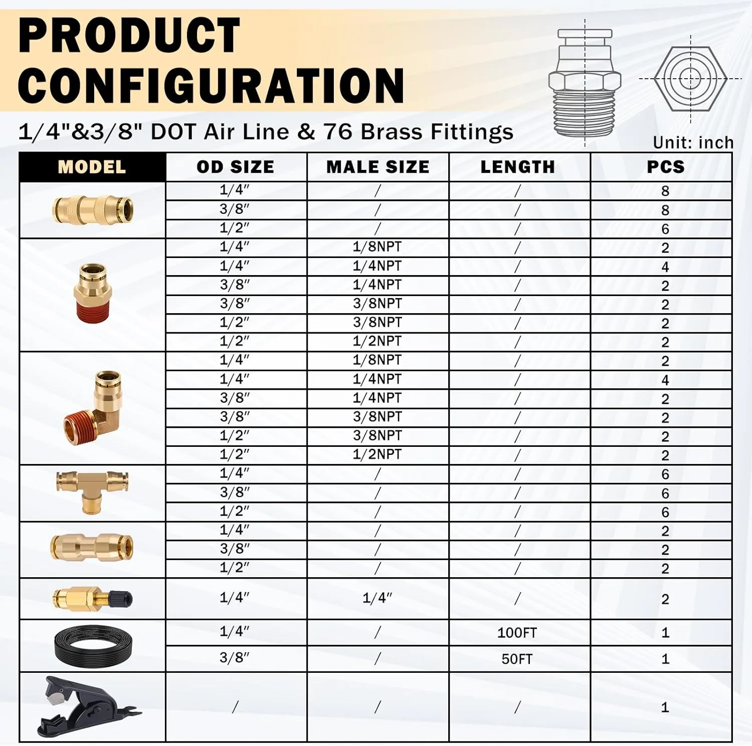 CheeMuii 76 PCS Brass DOT Air Line Fittings with 100FT 1/4" and 50FT 3/8" DOT Air Line Kit Push Lock Air Fitting Quick Connect & NPT Thread Fittings with Pneumatic Tubing Set