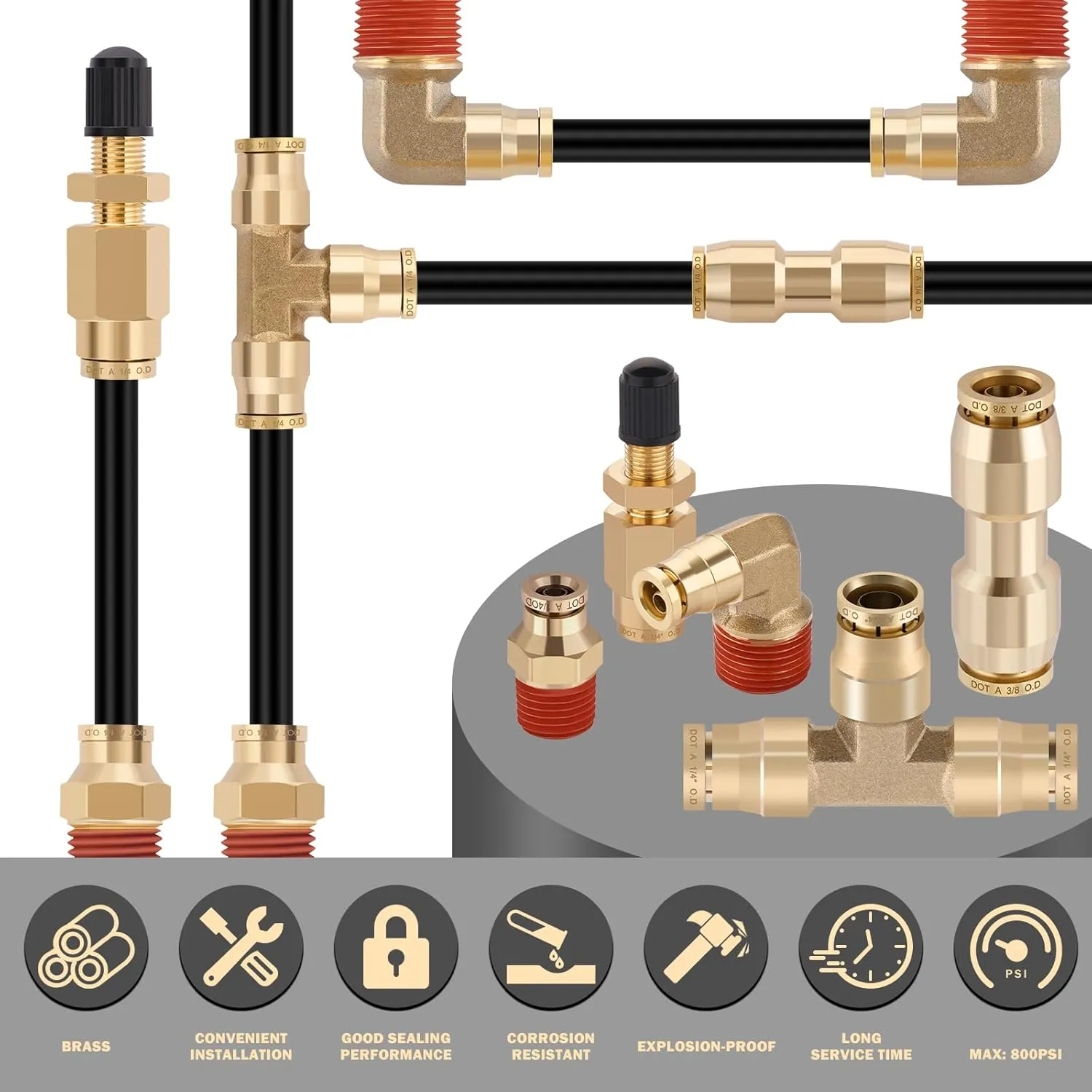CheeMuii 76 PCS Brass DOT Air Line Fittings with 100FT 1/4" and 50FT 3/8" DOT Air Line Kit Push Lock Air Fitting Quick Connect & NPT Thread Fittings with Pneumatic Tubing Set