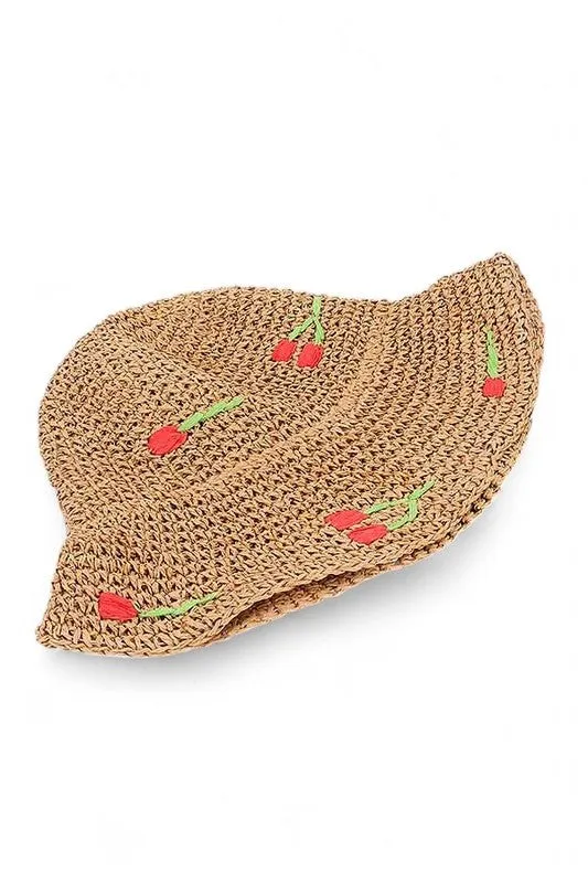 Cherry Embroidered Crochet Straw Bucket Hat