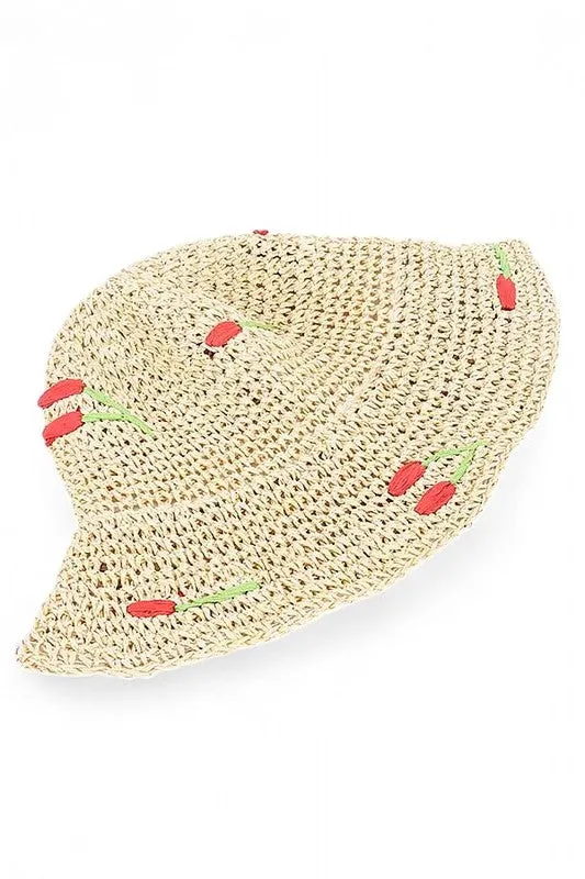 Cherry Embroidered Crochet Straw Bucket Hat