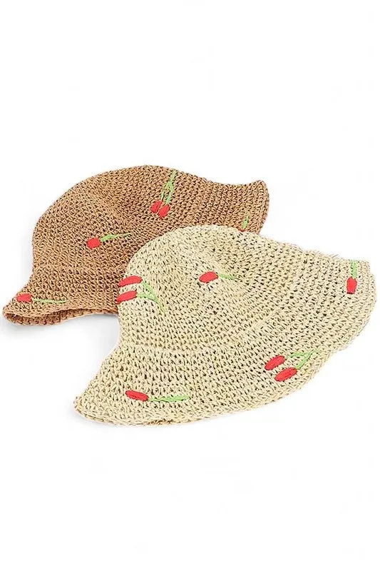 Cherry Embroidered Crochet Straw Bucket Hat