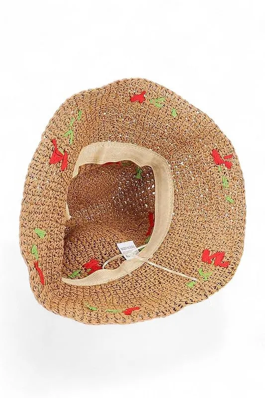 Cherry Embroidered Crochet Straw Bucket Hat