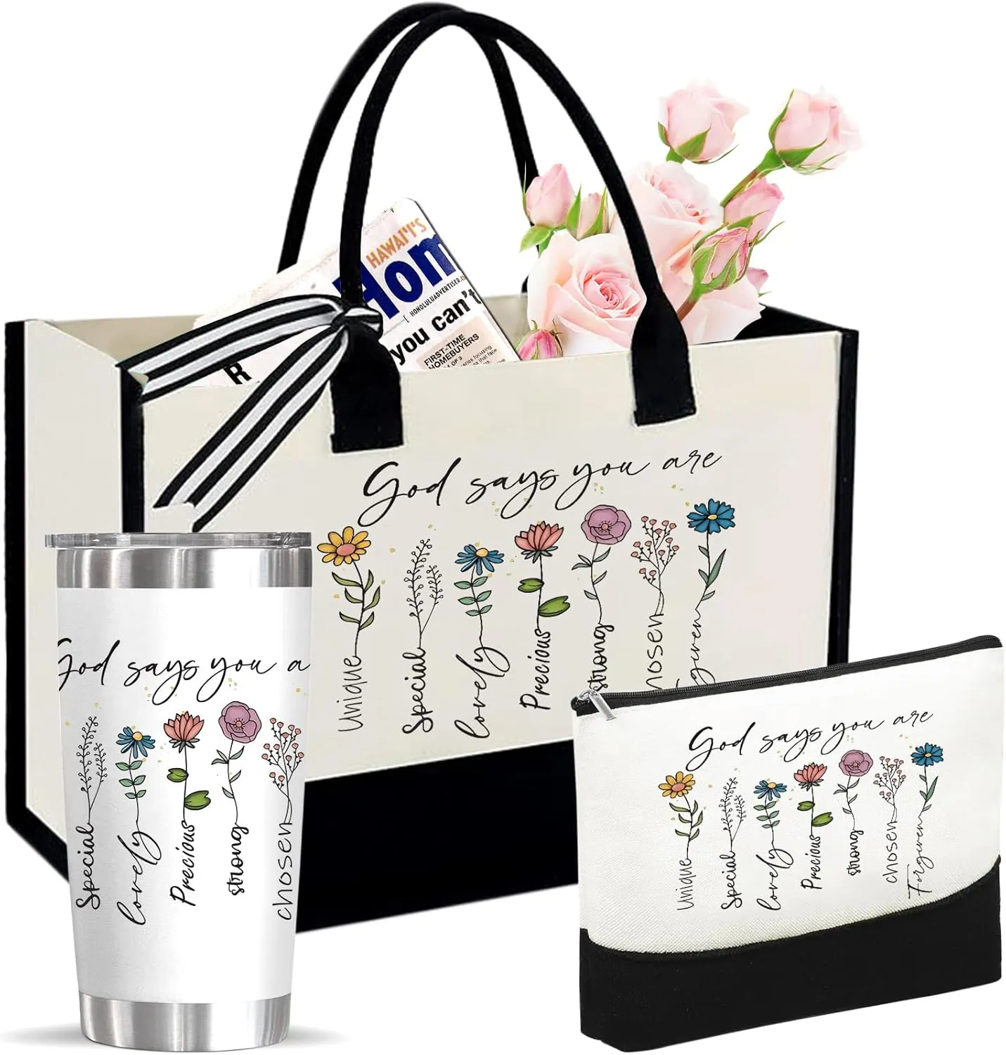 Christian Gifts for Women-God Says You Are Tote Bag, Cosmetic Bag & 20oz Tumbler – Religious Birthday Gift for Her, Mom, Wife, Friend, Christian Encouragement Gift