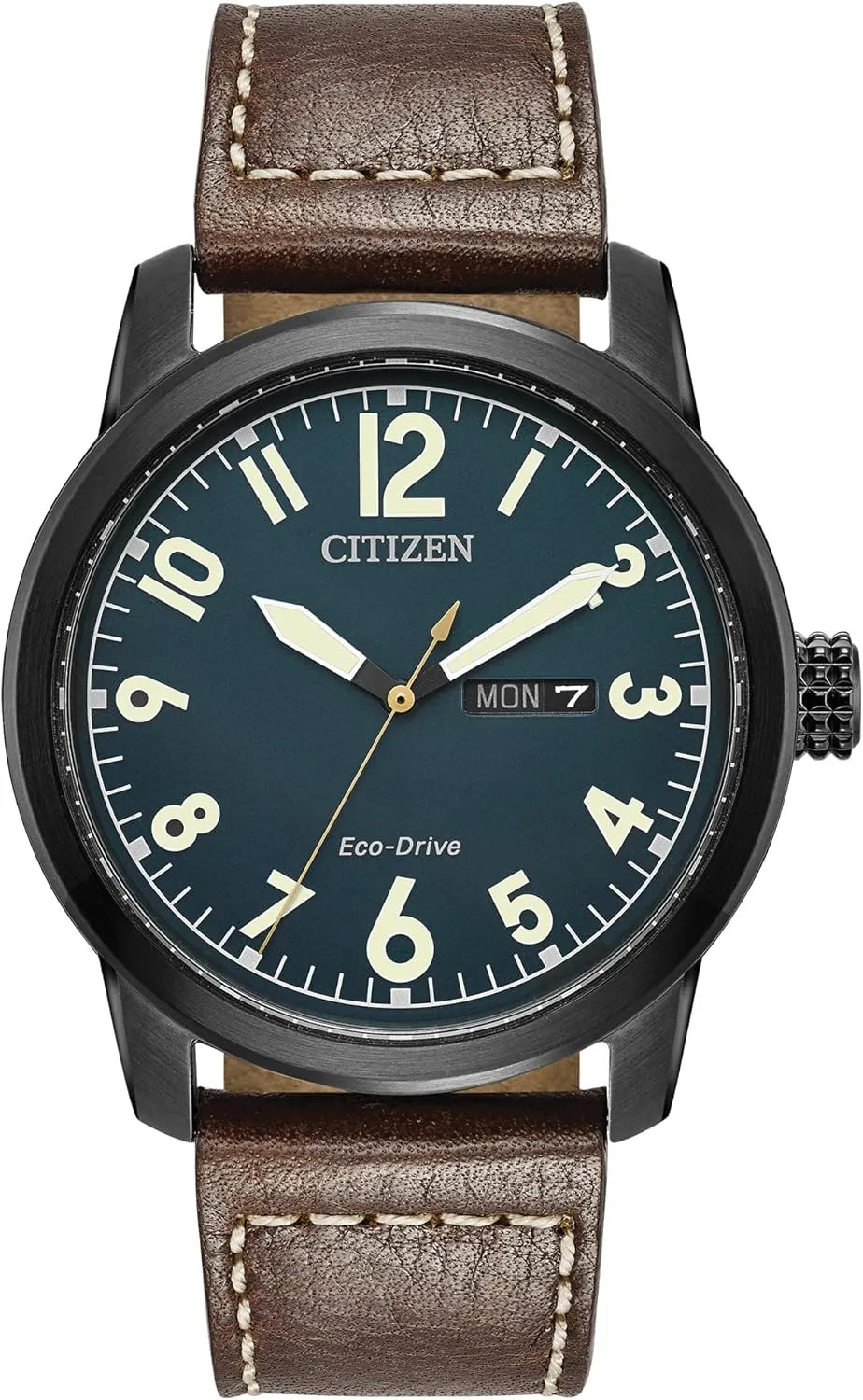 Citizen Men's Eco-Drive Weekender Garrison Field Watch in Black IP Stainless Steel with Brown Leather strap, Navy Dial (Model: BM8478-01L)