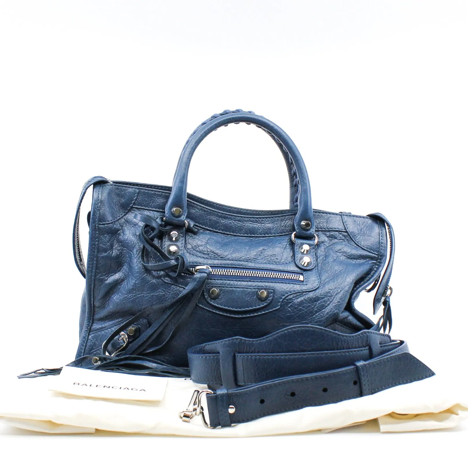 CITY CLASSIC STUDS BAG SMALL METALLIC LEATHER BLUE ANTIQUE BRASS
