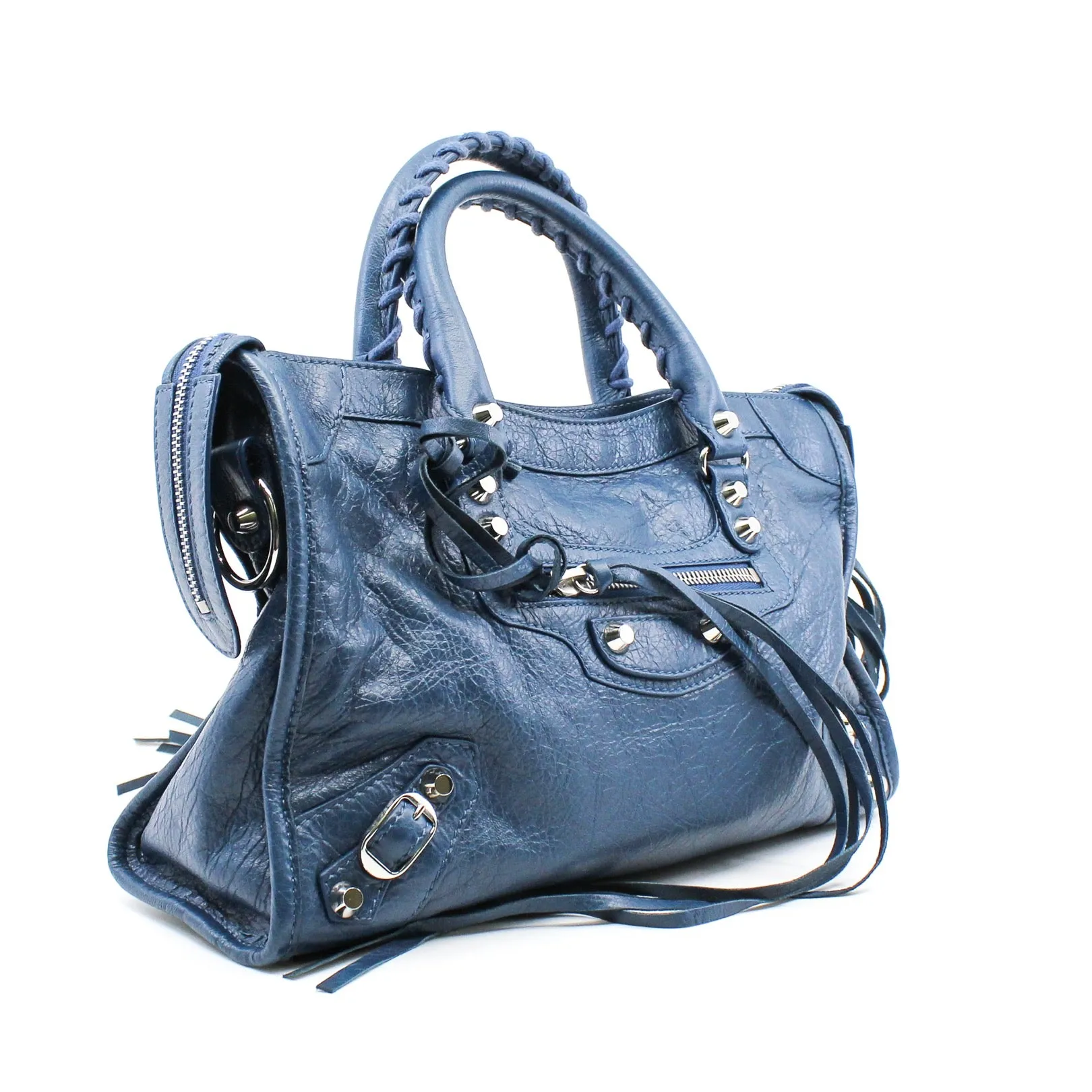 CITY CLASSIC STUDS BAG SMALL METALLIC LEATHER BLUE ANTIQUE BRASS