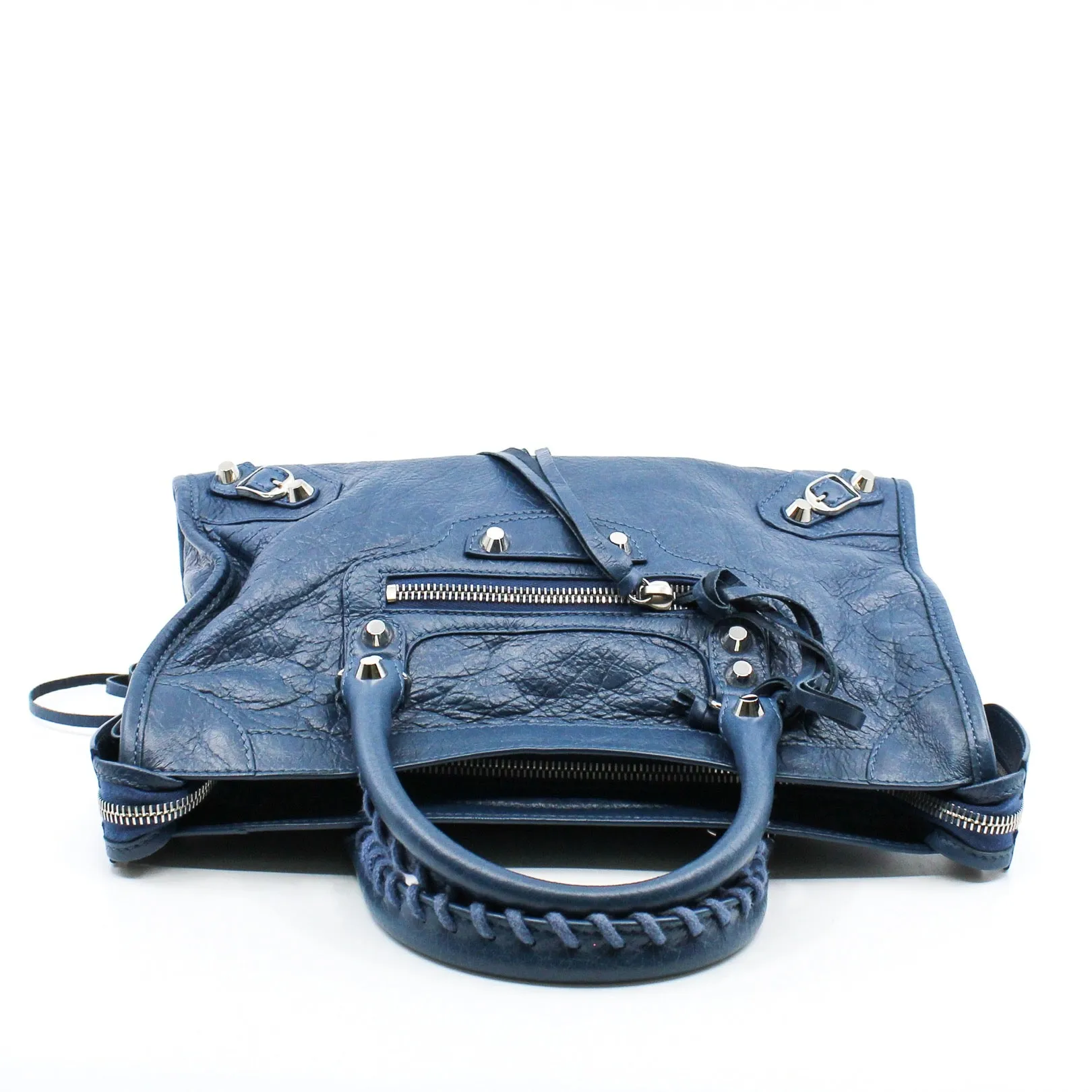CITY CLASSIC STUDS BAG SMALL METALLIC LEATHER BLUE ANTIQUE BRASS