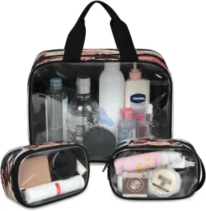 Clear Makeup Bag, 3 Pcs of Translucent Cosmetic Bags Set, Transparent Retro Flower Travel Makeup Pouch, Waterproof Cute Toiletry Bag for Women (Vintage Rose Floral)