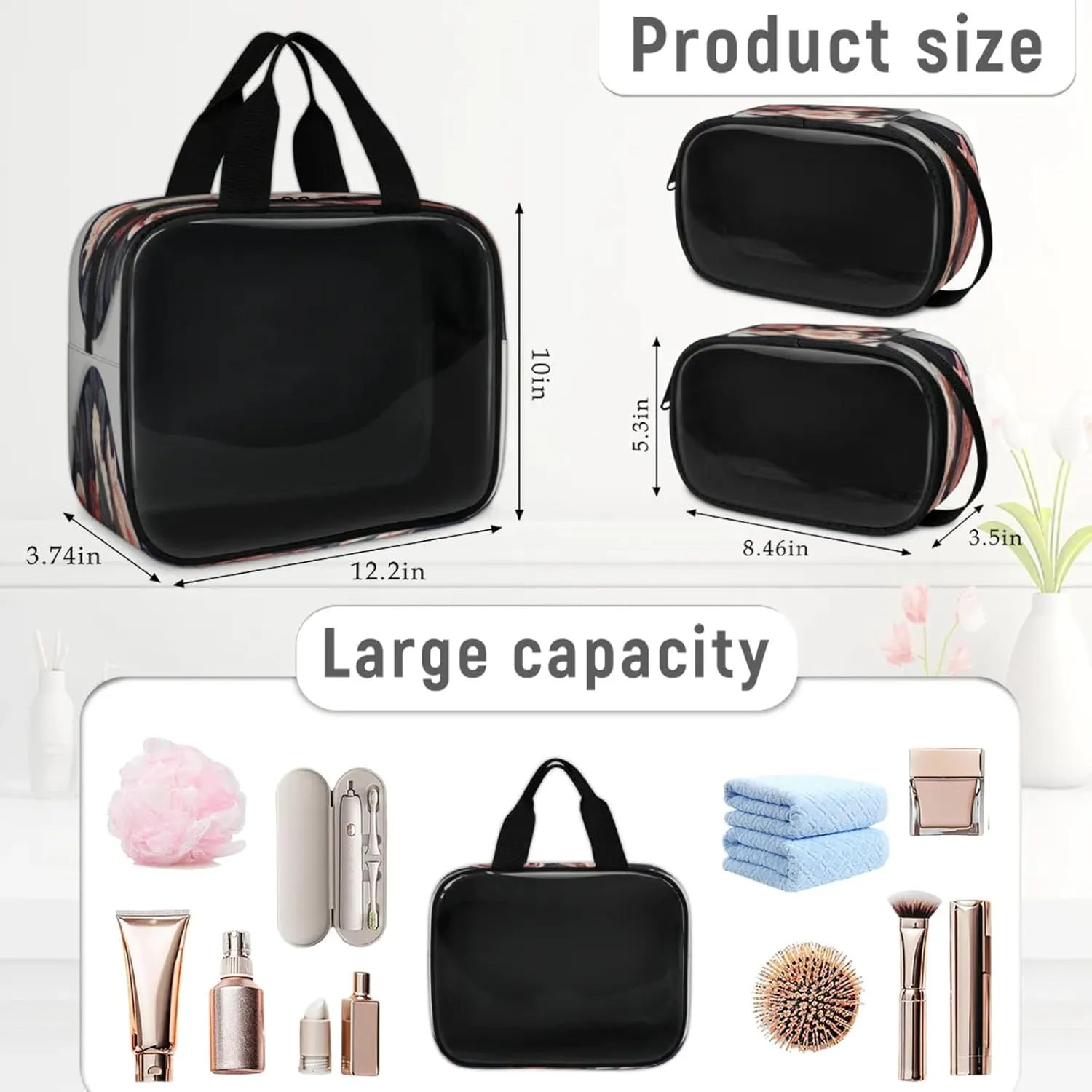 Clear Makeup Bag, 3 Pcs of Translucent Cosmetic Bags Set, Transparent Retro Flower Travel Makeup Pouch, Waterproof Cute Toiletry Bag for Women (Vintage Rose Floral)