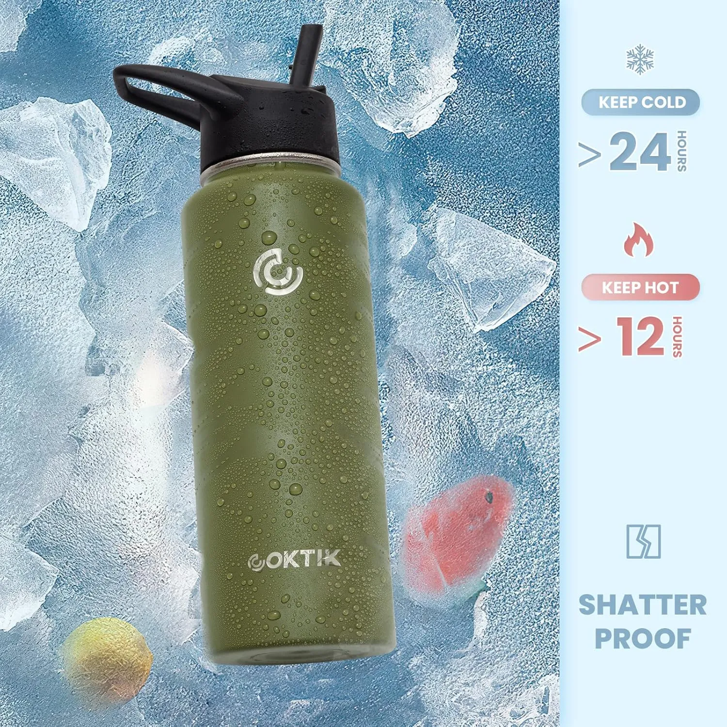 COKTIK 40 oz Sports Water Bottle With Straw,2 Lids, Stainless Steel Vacuum Insulated Water Bottles,Leakproof Lightweight, Keeps Cold and Hot, Great for Travel, Hiking, Biking, Running(Army Green)