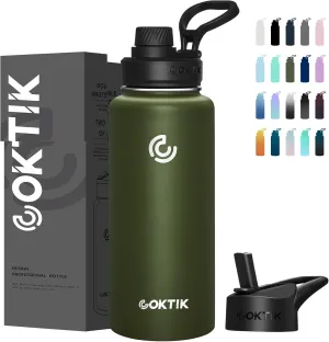 COKTIK 40 oz Sports Water Bottle With Straw,2 Lids, Stainless Steel Vacuum Insulated Water Bottles,Leakproof Lightweight, Keeps Cold and Hot, Great for Travel, Hiking, Biking, Running(Army Green)