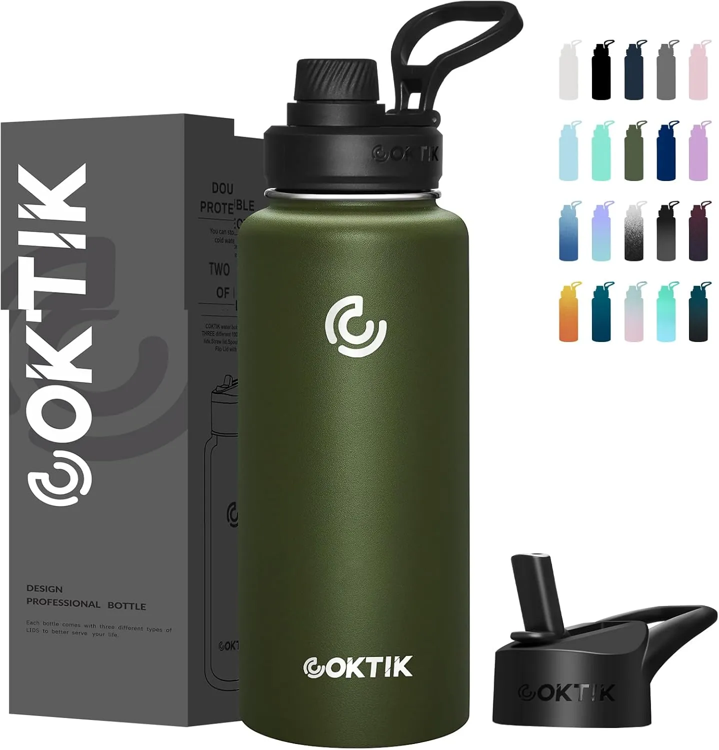 COKTIK 40 oz Sports Water Bottle With Straw,2 Lids, Stainless Steel Vacuum Insulated Water Bottles,Leakproof Lightweight, Keeps Cold and Hot, Great for Travel, Hiking, Biking, Running(Army Green)