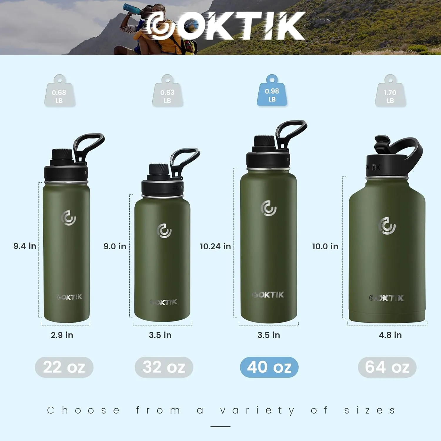 COKTIK 40 oz Sports Water Bottle With Straw,2 Lids, Stainless Steel Vacuum Insulated Water Bottles,Leakproof Lightweight, Keeps Cold and Hot, Great for Travel, Hiking, Biking, Running(Army Green)