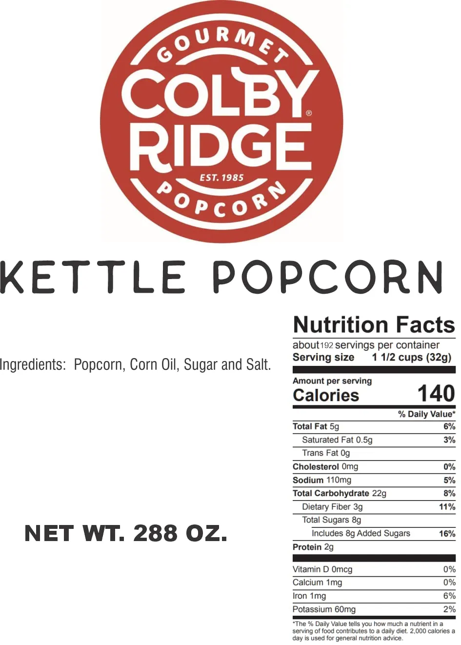 Colby Ridge Kettle Corn Gourmet Craft Popped Gluten Free Popcorn Bulk Sized Large Gift Bash Bags (Bulk 18 Gal. 288 Cups.) (Kettle Corn)