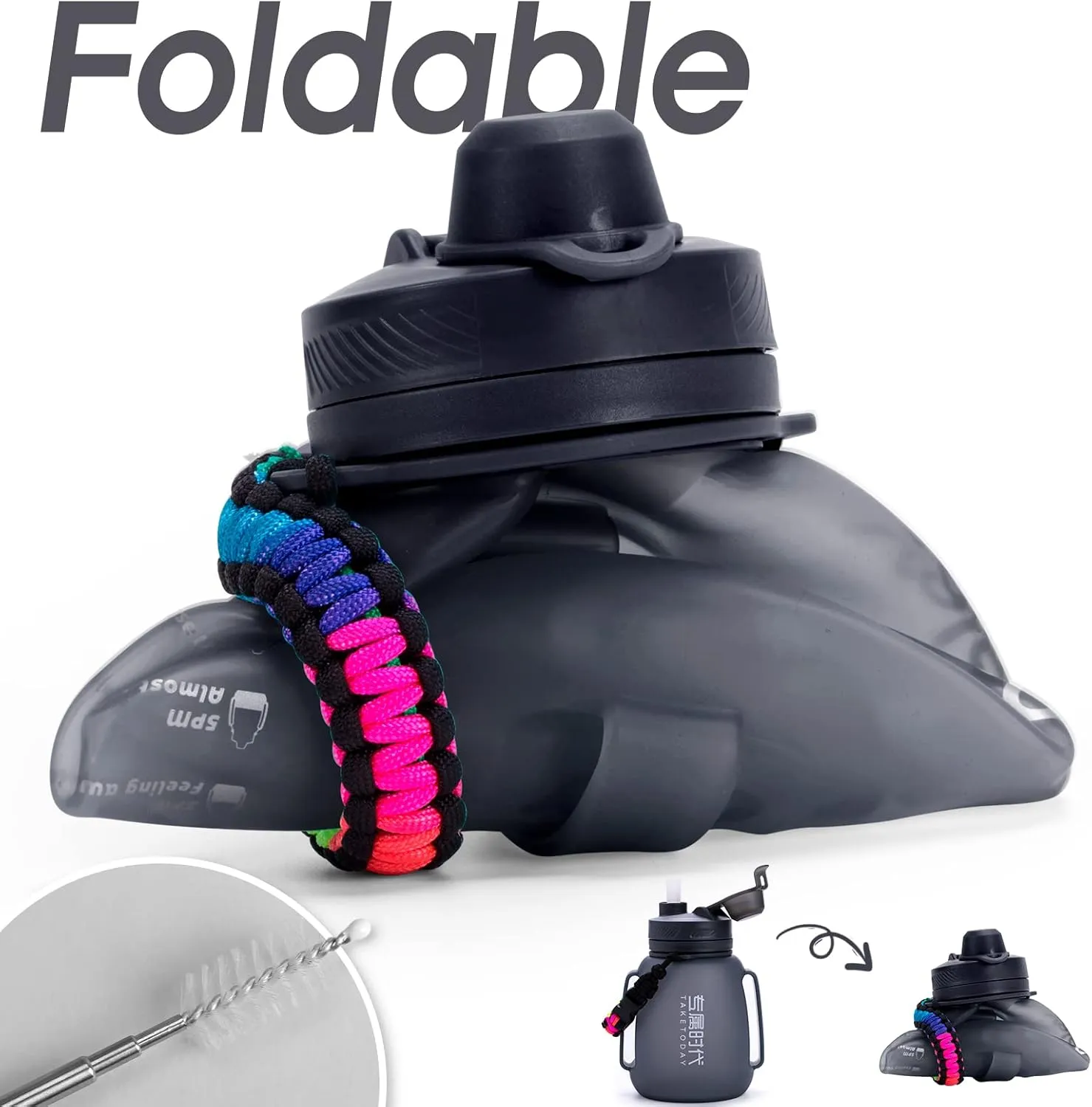 Collapsible Water Bottles 40 OZ Motivational Water Bottle with Straw and Paracord Handle Silicone Sports Water Jug with Times Leakproof Large Water Bottle for Yoga Camping Outdoors