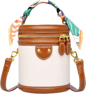 Colorblock Bucket Bag For Women - Niche Fashion Design Style Bucket Bag, Ribbon Handle, PU Leather Crossbody Bag