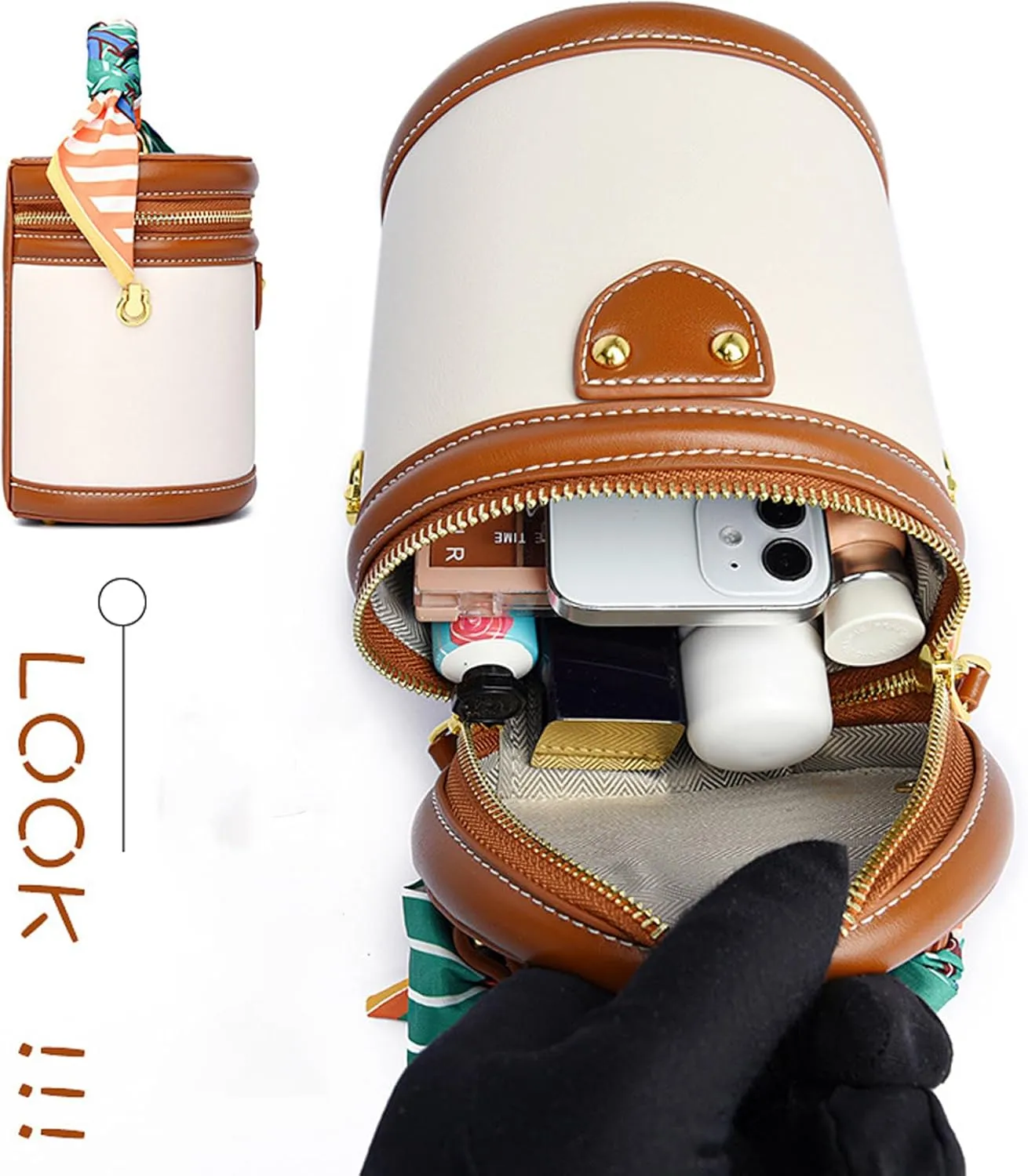 Colorblock Bucket Bag For Women - Niche Fashion Design Style Bucket Bag, Ribbon Handle, PU Leather Crossbody Bag