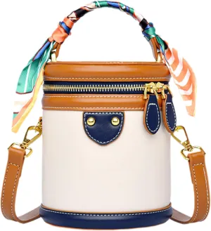 Colorblock Bucket Bag For Women - Niche Fashion Design Style Bucket Bag, Ribbon Handle, PU Leather Crossbody Bag