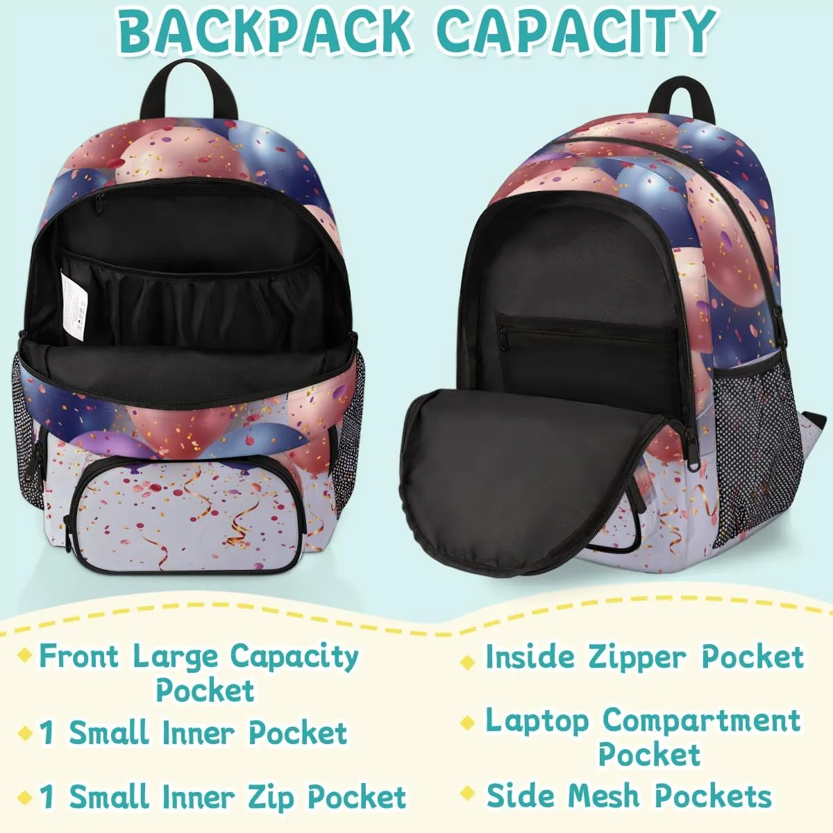 Colorful Balloon Carry on Travel Backpack for Women Men Water resistant Lightweight Rucksack Backpack for Weekender Casual Work Hiking Happy Birthday