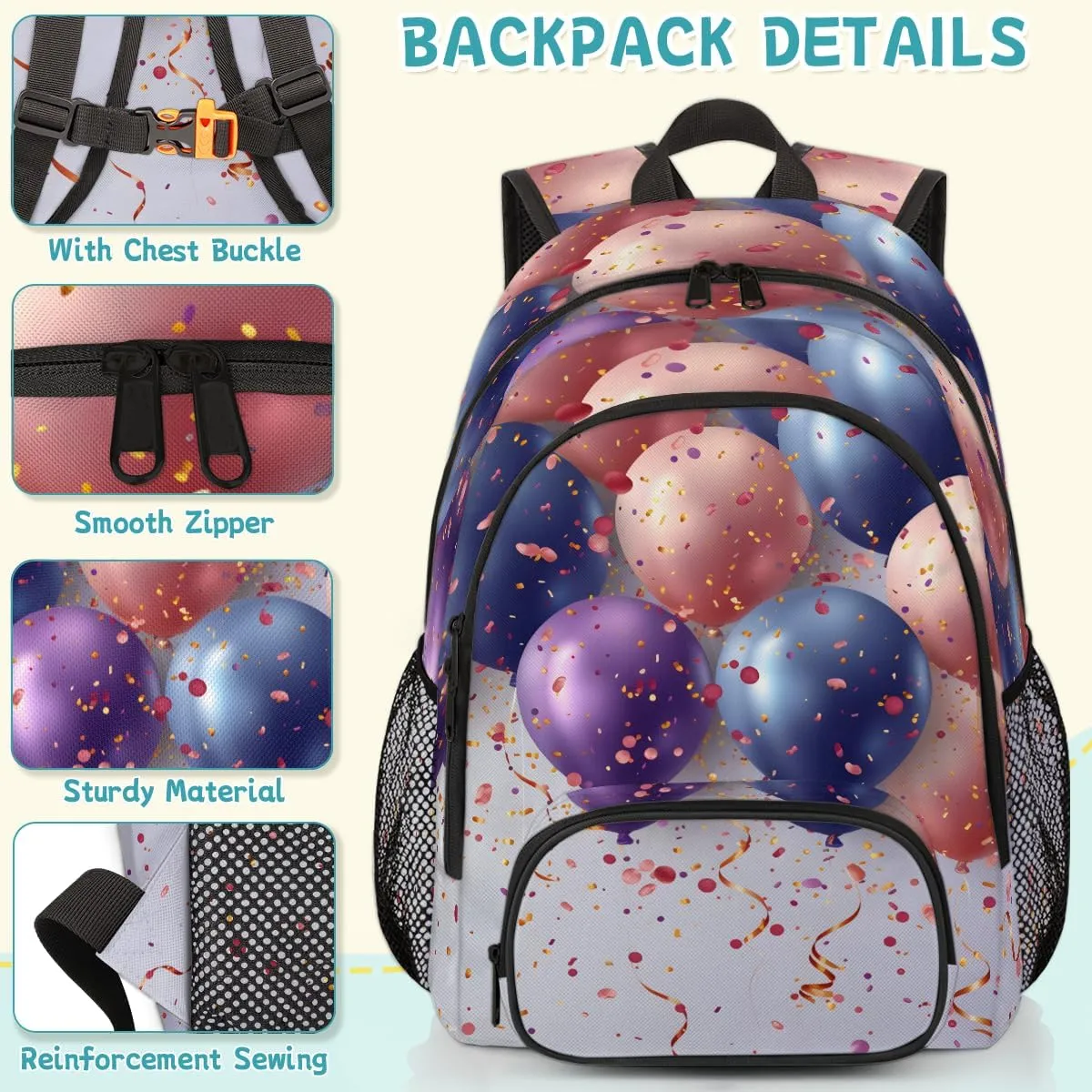 Colorful Balloon Carry on Travel Backpack for Women Men Water resistant Lightweight Rucksack Backpack for Weekender Casual Work Hiking Happy Birthday