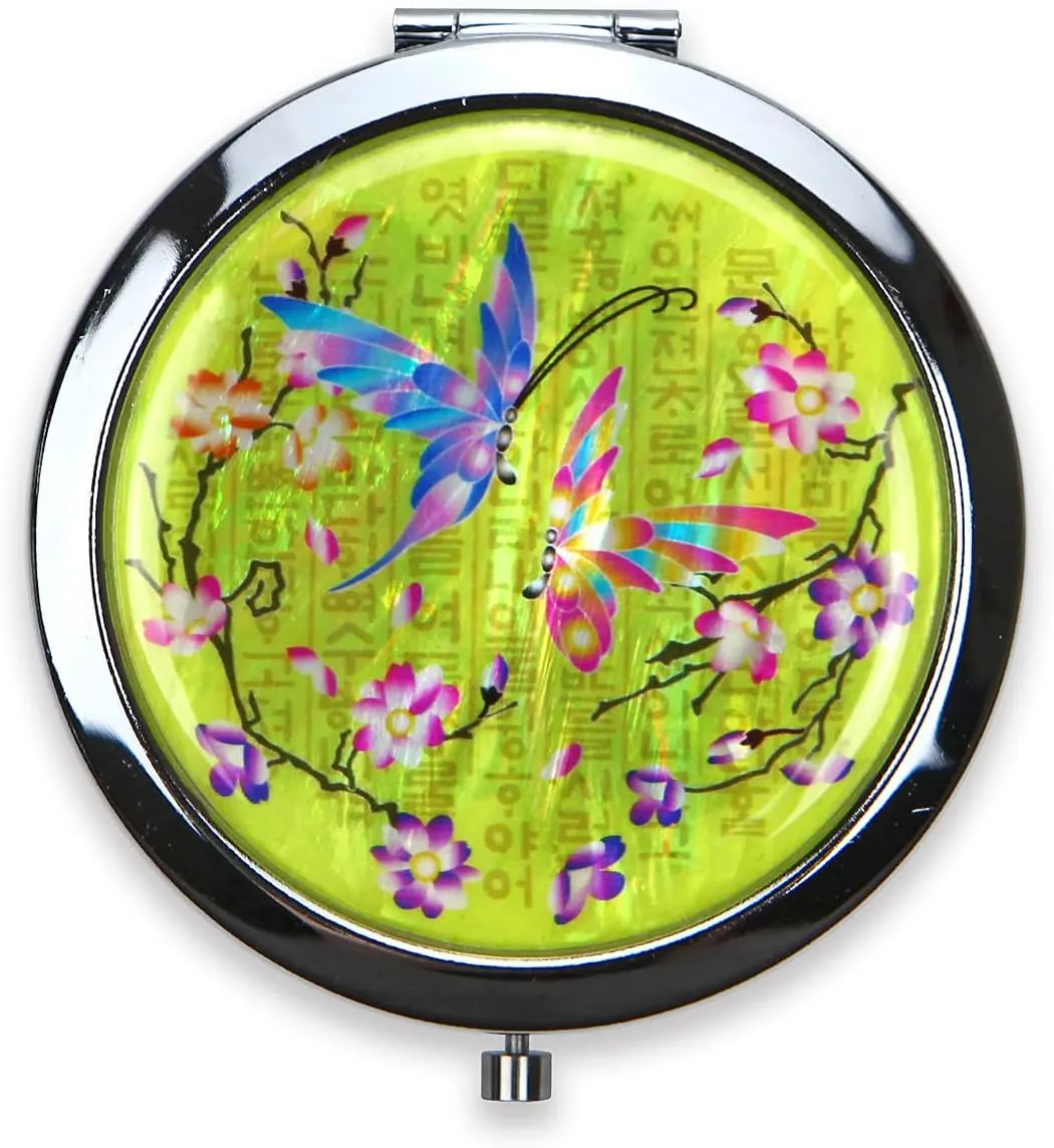 Compact Mirror – Mother Of Pearl Magnifying Mirror – One-Touch Travel Makeup Mirror – Elegant Handheld Mirror with Floral Design – Dual-Sided Portable Mirror – Traditional Korean Painting