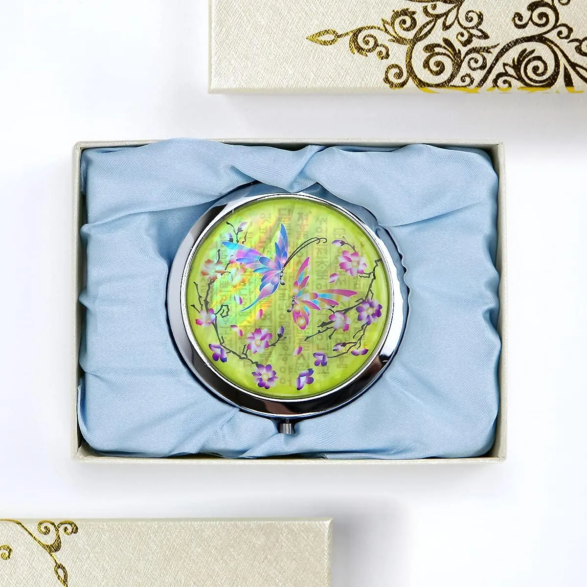 Compact Mirror – Mother Of Pearl Magnifying Mirror – One-Touch Travel Makeup Mirror – Elegant Handheld Mirror with Floral Design – Dual-Sided Portable Mirror – Traditional Korean Painting