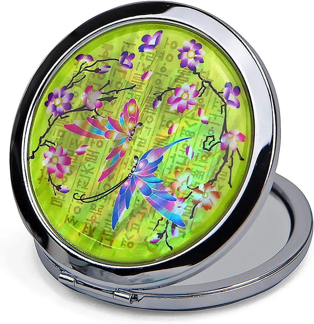 Compact Mirror – Mother Of Pearl Magnifying Mirror – One-Touch Travel Makeup Mirror – Elegant Handheld Mirror with Floral Design – Dual-Sided Portable Mirror – Traditional Korean Painting