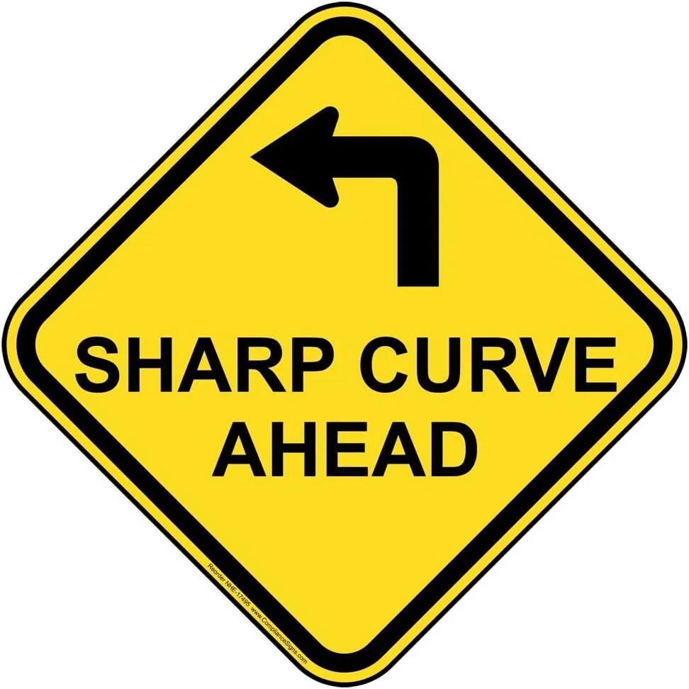 ComplianceSigns.com Sharp Curve Ahead [Left Arrow) Sign, Yellow Reflective, 12 in. on 80 mil Aluminum for Recreation Roadway