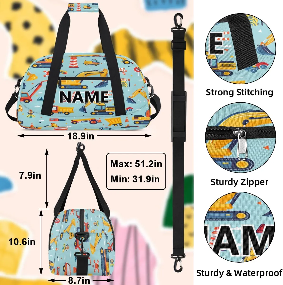 Construction Crew Vehicles Truck Custom Small Gym Bag 18 inch for Women Men Personalized Car Excavator Tractor Vehicles Carry On Overnight Weekender Bag for Travel Work Dance Sport