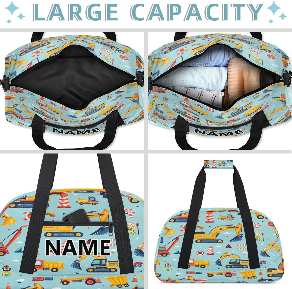 Construction Crew Vehicles Truck Custom Small Gym Bag 18 inch for Women Men Personalized Car Excavator Tractor Vehicles Carry On Overnight Weekender Bag for Travel Work Dance Sport