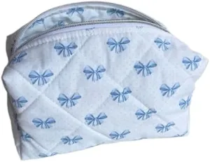 Coquette Bow Y2k Makeup Bag Cute Quilted Make Up Pouch Small Preppy Floral Cosmetic Bag Toiletry Organizer Bag (blue bow tie)