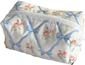 Coquette Bow Y2k Makeup Bag Cute Quilted Make Up Pouch Small Preppy Floral Cosmetic Bag Toiletry Organizer Bag (blue flower)