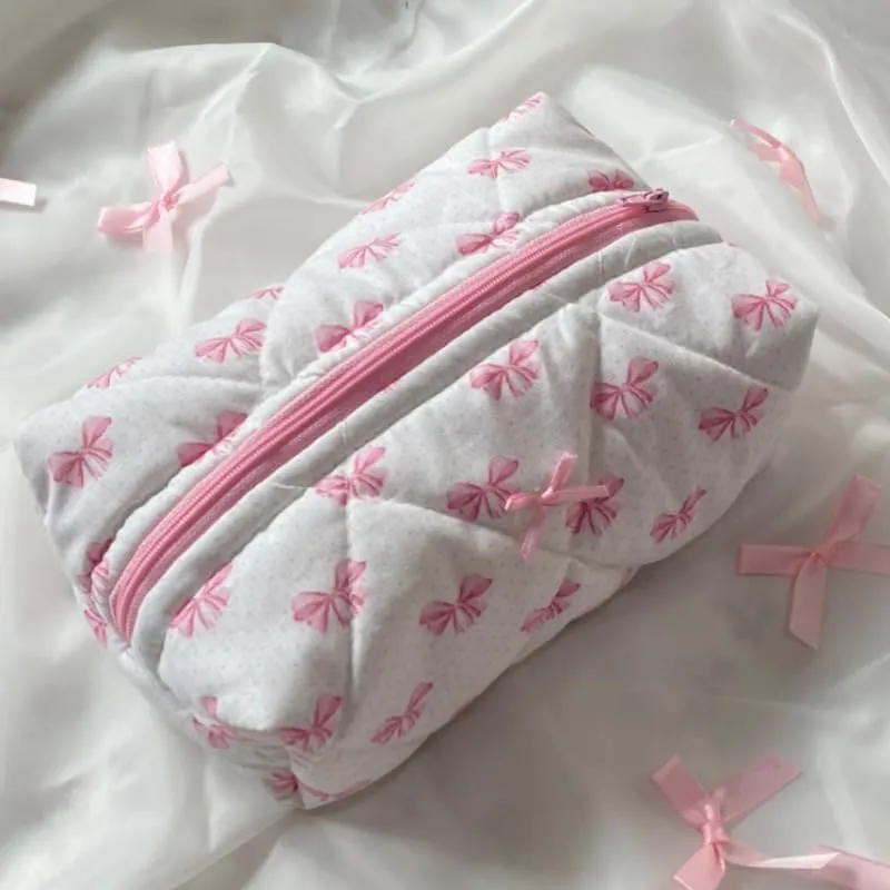 Coquette Bow Y2k Makeup Bag Cute Quilted Make Up Pouch Small Preppy Floral Cosmetic Bag Toiletry Organizer Bag (Pink bow tie)