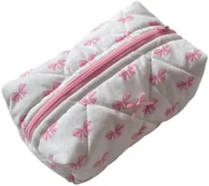 Coquette Bow Y2k Makeup Bag Cute Quilted Make Up Pouch Small Preppy Floral Cosmetic Bag Toiletry Organizer Bag (Pink bow tie)