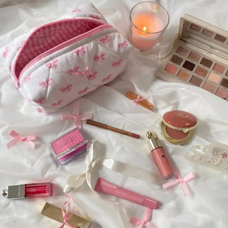 Coquette Bow Y2k Makeup Bag Cute Quilted Make Up Pouch Small Preppy Floral Cosmetic Bag Toiletry Organizer Bag (Pink bow tie)